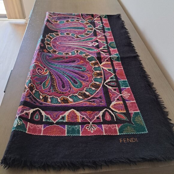 FENDI Luxurious Rare VTG Logo Wool Shawl India Pattern Scarf Large Square 53in - Picture 10 of 11